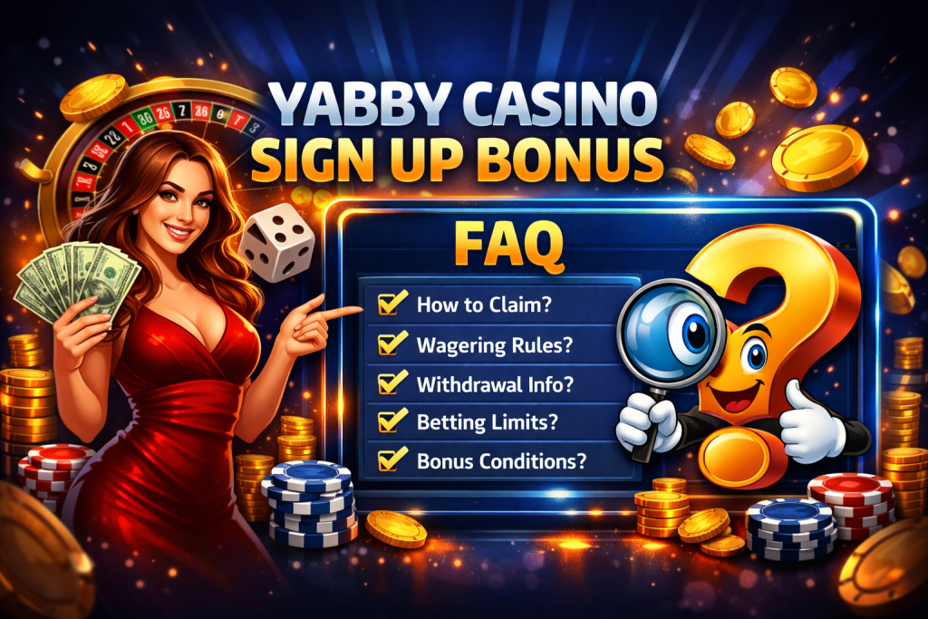 Yabby Casino sign up bonus banner with roulette wheel, casino chips, gold coins, and FAQ panel highlighting wagering rules and bonus conditions on a dark neon background