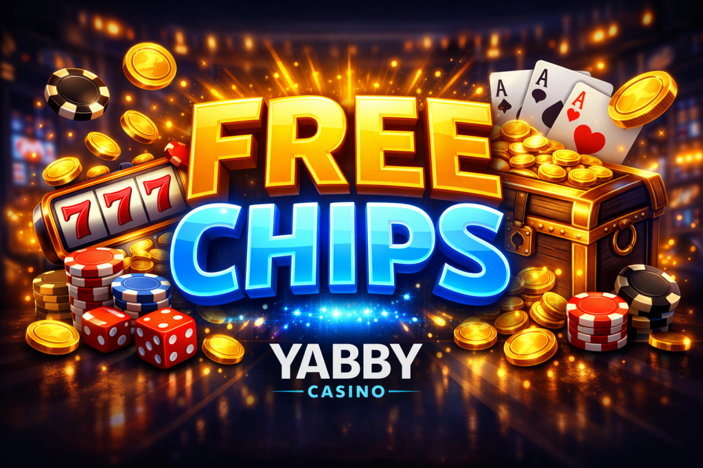 Yabby Casino free chips banner with slot machine, playing cards, dice, poker chips, and treasure chest full of gold coins on a glowing casino background