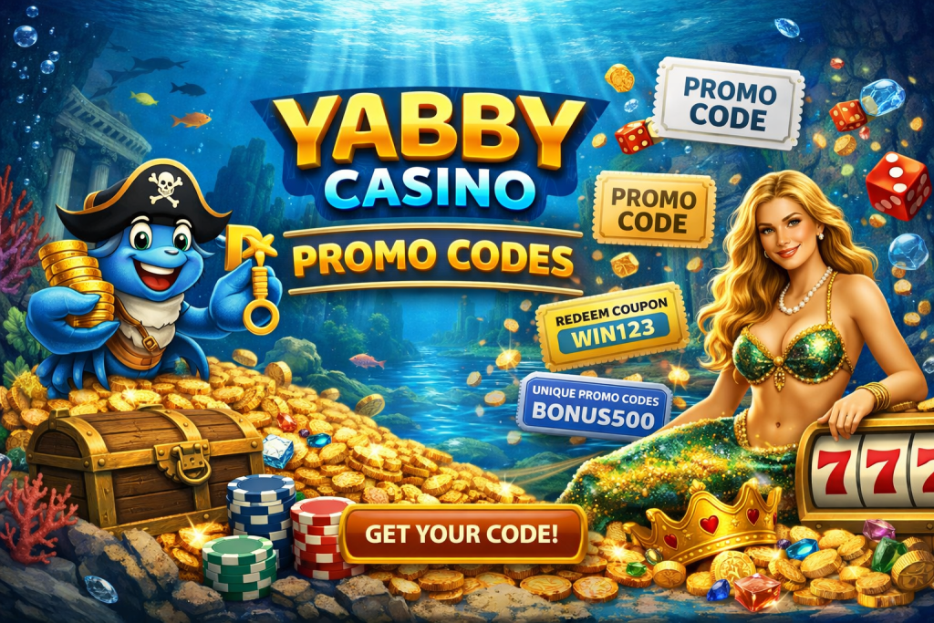 Yabby Casino promo codes banner with underwater theme, crab mascot holding coins and key, mermaid, treasure chest, slot machine 777, and glowing promo code tickets in an ocean setting