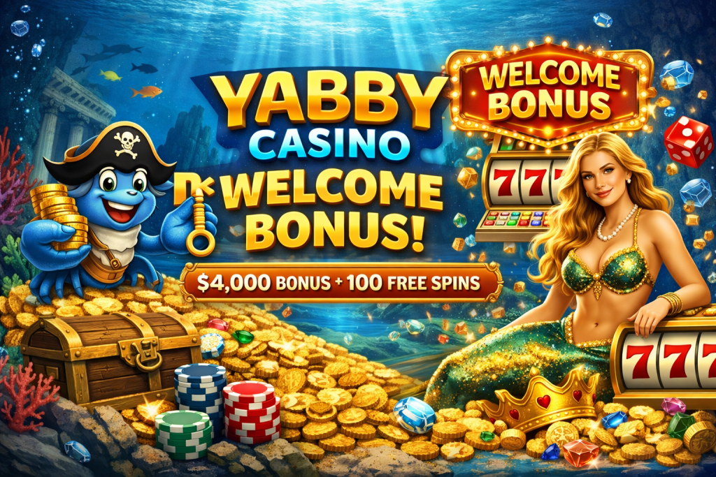 Yabby Casino welcome bonus banner with underwater theme, crab mascot holding key and coins, mermaid, treasure chest, slot machine 777, and free spins offer in a vibrant ocean setting
