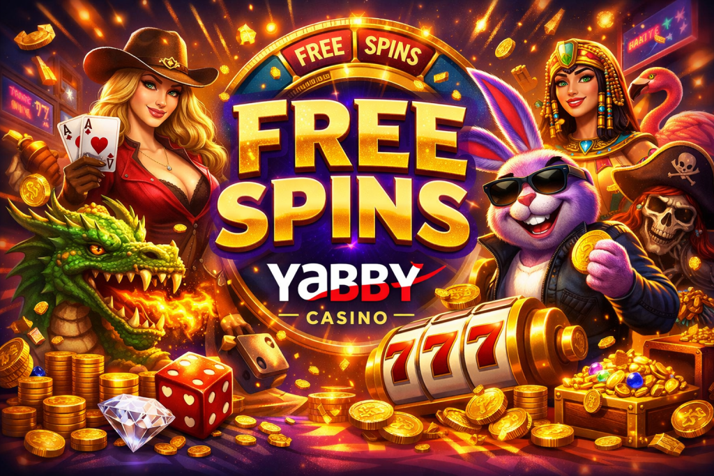 Free Spins Yabby Casino banner with colorful slot machine, gold coins, jackpot elements, and vibrant casino characters in a bright promotional design