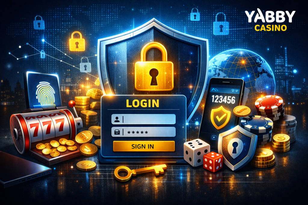 Yabby Casino login screen with security shield, mobile verification, and casino elements illustrating safe account access
