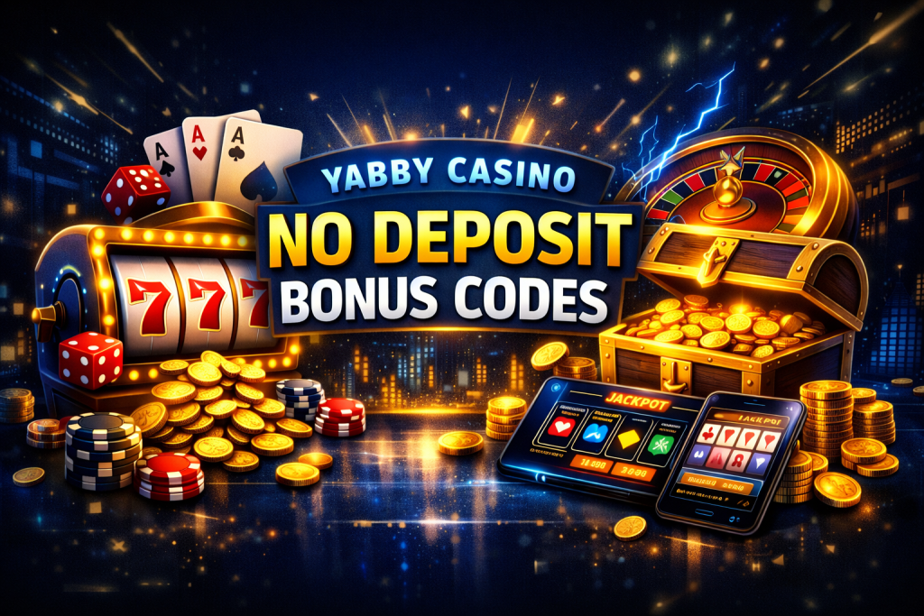 Yabby Casino no deposit bonus codes banner with slot machine, roulette wheel, treasure chest full of coins, and mobile casino games on a dark blue neon background