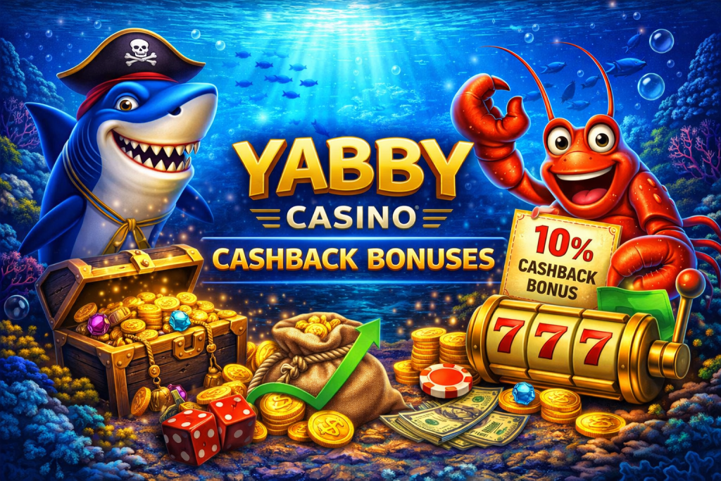 Yabby Casino cashback bonuses banner with underwater theme, featuring a shark pirate, red lobster, treasure chest, coins, slot machine 777, and a 10% cashback offer sign