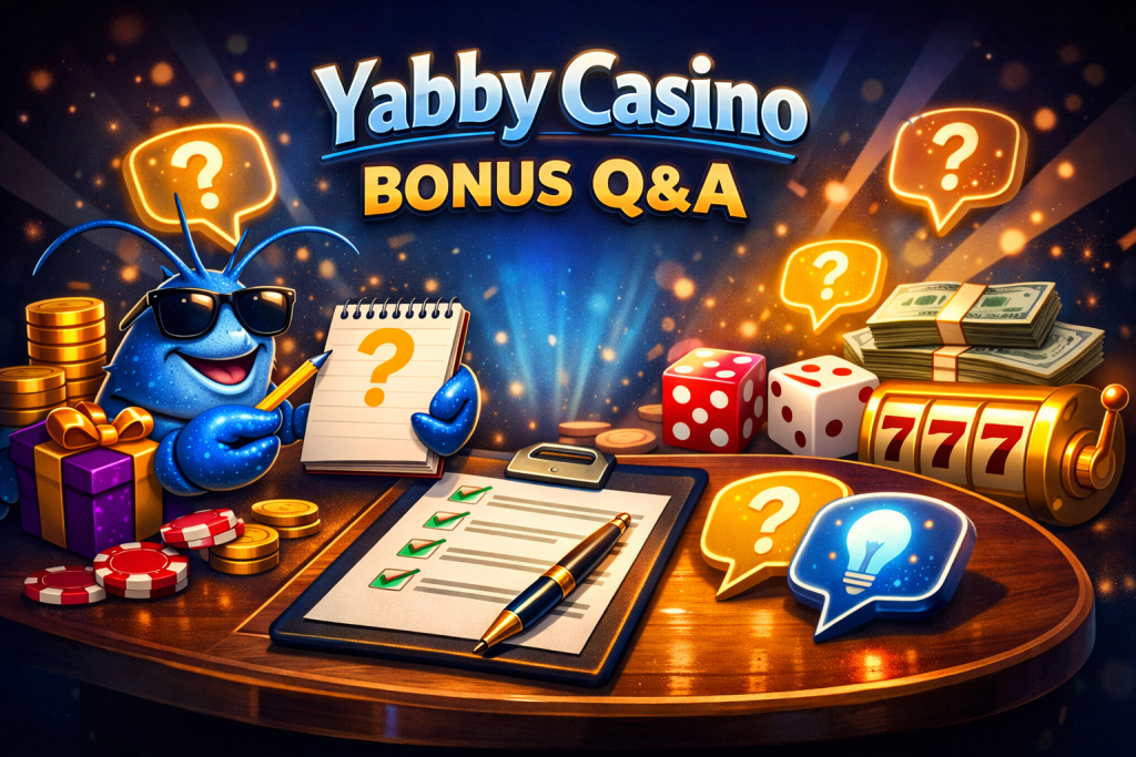 Yabby Casino bonus FAQ banner featuring casino elements, question icons, coins, slot machine, and a character holding a checklist symbolizing bonus questions and answers