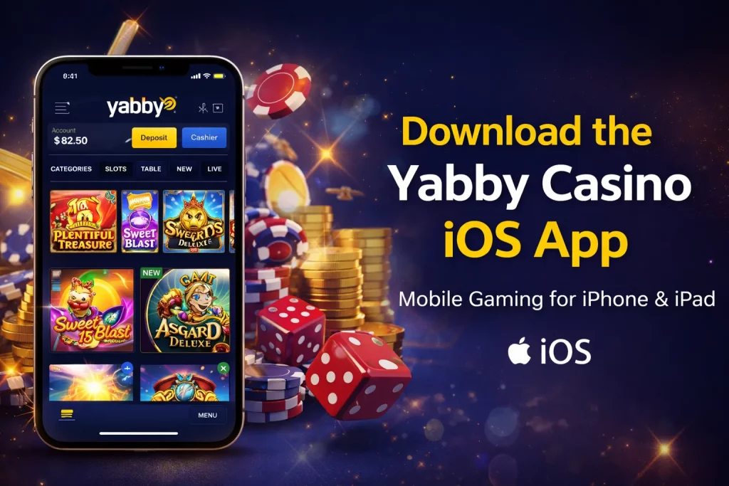 Yabby Casino iOS app displayed on an iPhone with casino chips, dice, and coins representing mobile casino gaming on Apple devices.