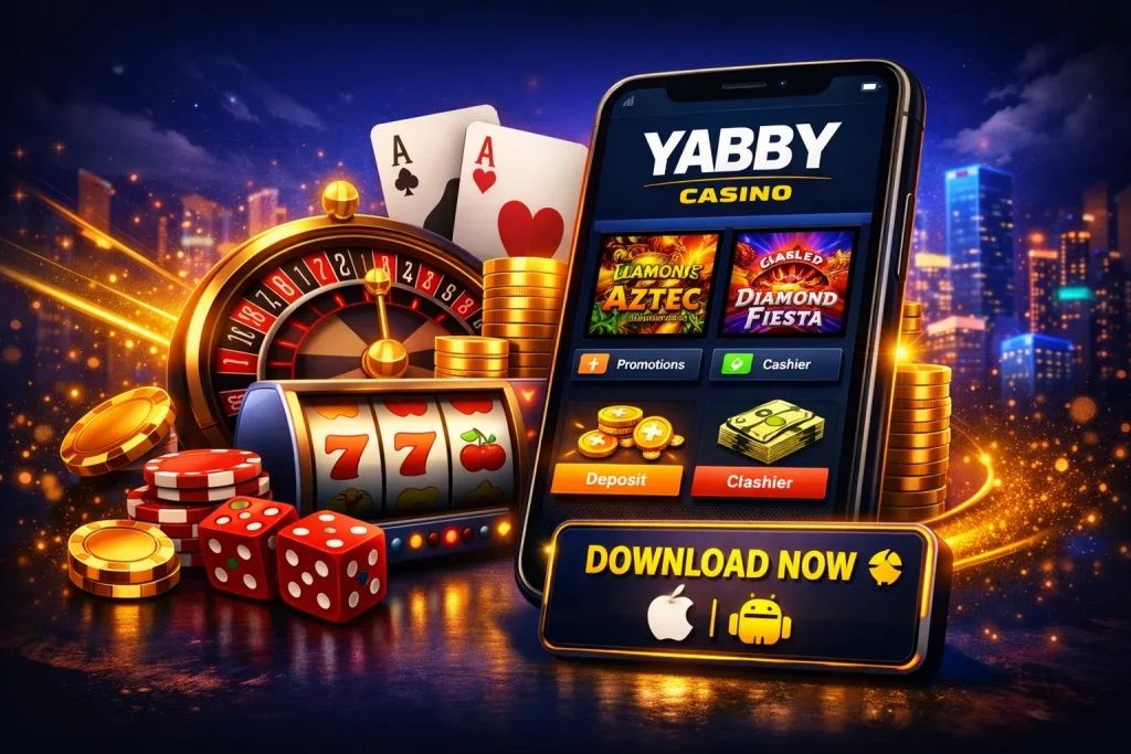 Yabby Casino mobile app displayed on a smartphone surrounded by casino elements including roulette wheel, slot machine, playing cards, dice and gold coins on a glowing city background.