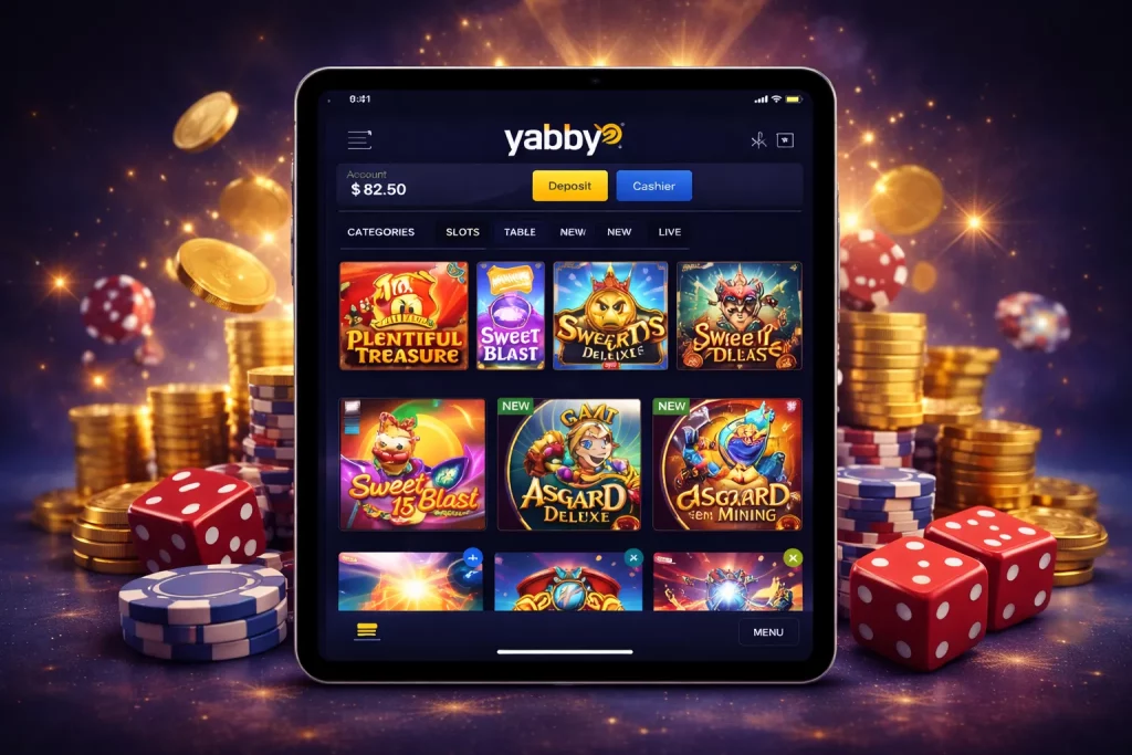 iPad displaying a mobile casino interface surrounded by poker chips, dice, and coins representing tablet casino gaming.