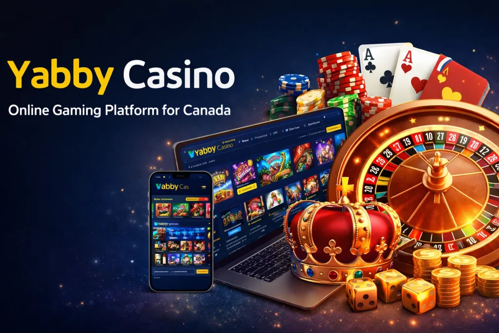 Yabby Casino online gaming platform displayed on laptop and smartphone with roulette wheel, poker chips, playing cards and golden casino elements on a dark blue background