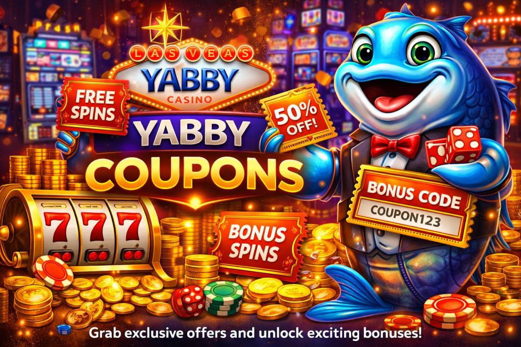 Casino coupons banner with bonus codes, free spins tickets, slot machine and gold coins
