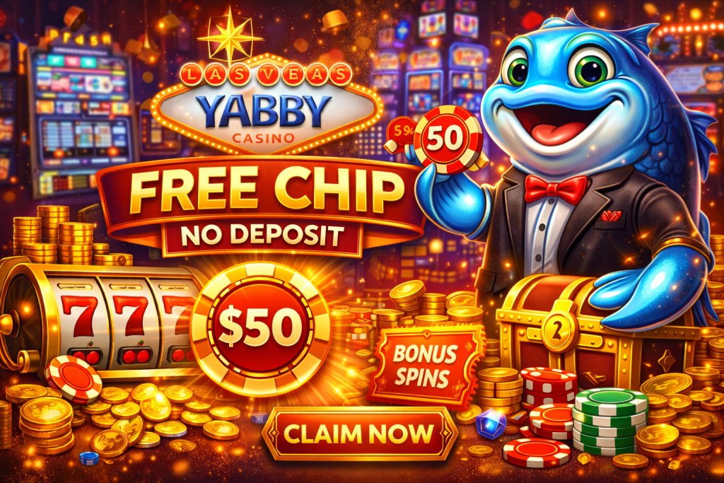 Casino free chip no deposit banner with $50 chip, slot machine, bonus spins and gold coins