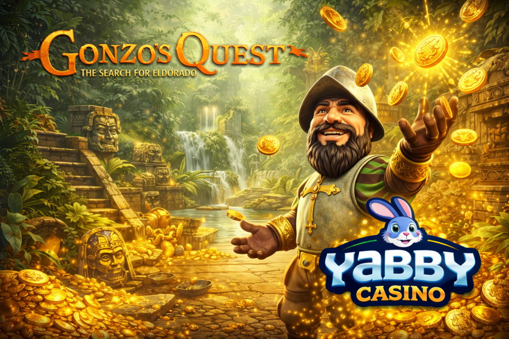 Gonzo’s Quest slot banner with jungle ruins, falling symbols and golden coins